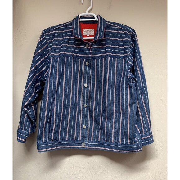 Vintage Gotcha Covered Womens Large Denim Jacket Blue Red Patriotic Lightweight - Picture 1 of 11